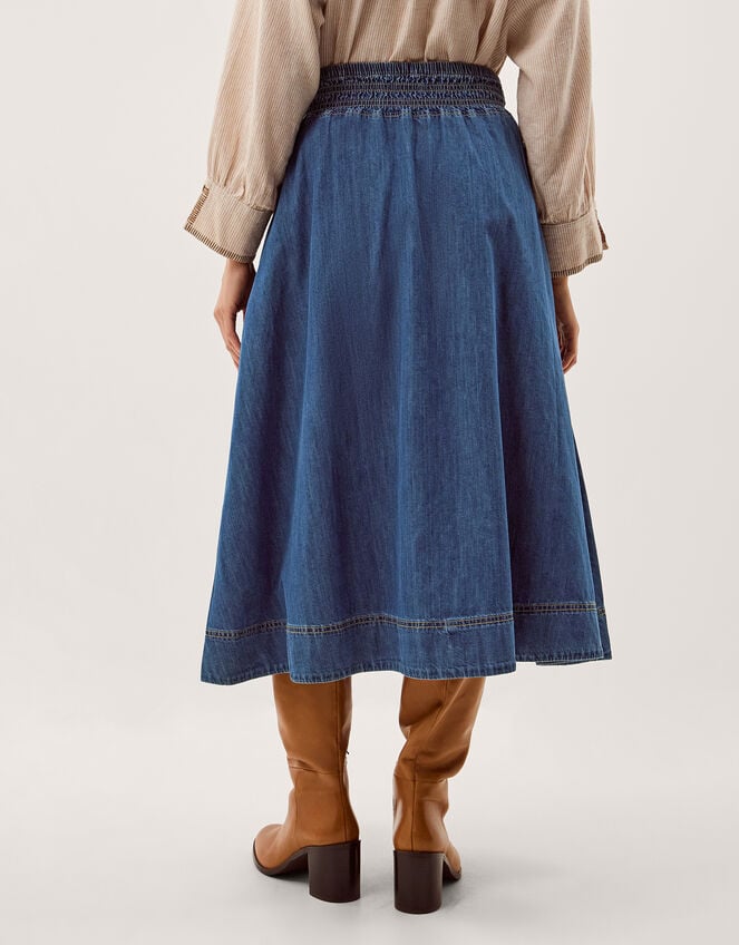 Sophie Shirred Denim Midi Skirt, Blue (MID AUTHENTIC BLUE), large