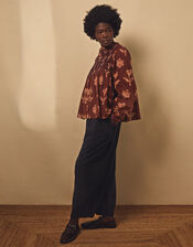 East Zena Hand-Batik Smocked Blouse, Brown (BROWN), large