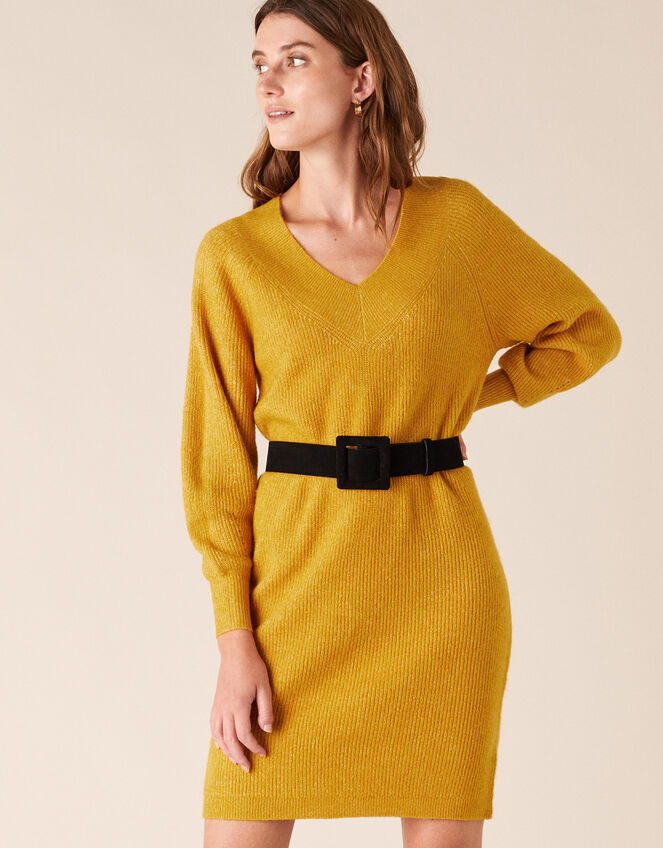 Ribbed Knit Dress, Yellow (OCHRE), large