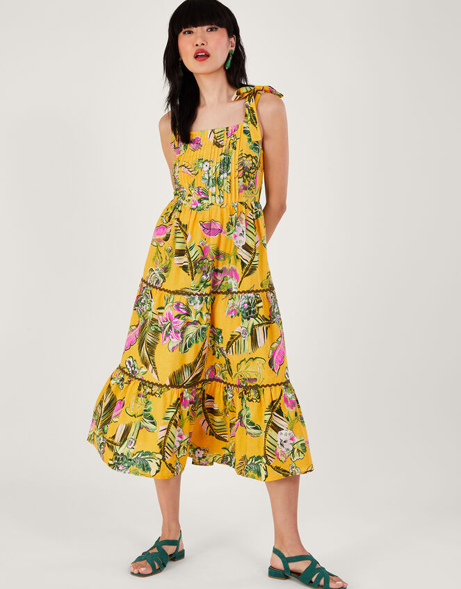 Botanical Print Tiered Sundress, Yellow (YELLOW), large