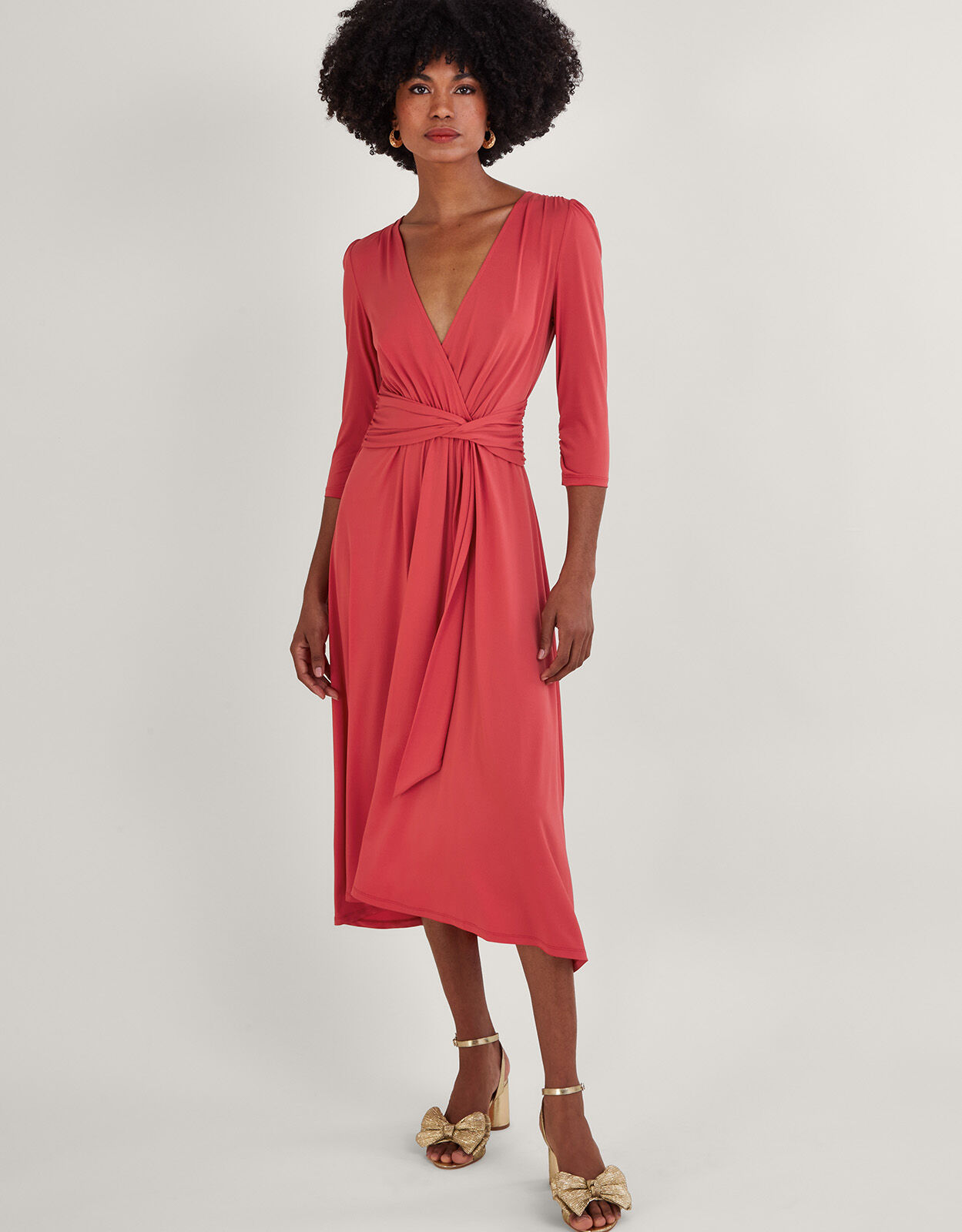 Jersey Wrap Front V Neck Dress with Recycled Polyester Pink Midi Dresses Monsoon UK