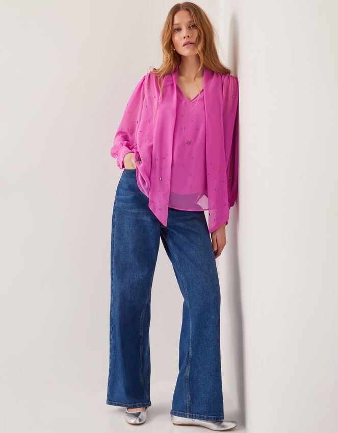 Candice Embellished Pussybow Blouse, Pink (PINK), large