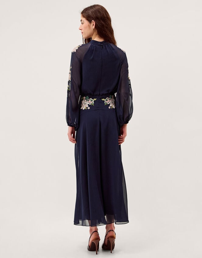 Annika Floral Embroidered Chiffon Midi Dress, Blue (NAVY), large