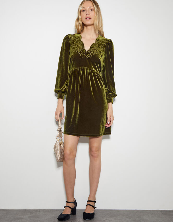 Vicki Embroidered Velvet Mini Dress, Green (OLIVE), large