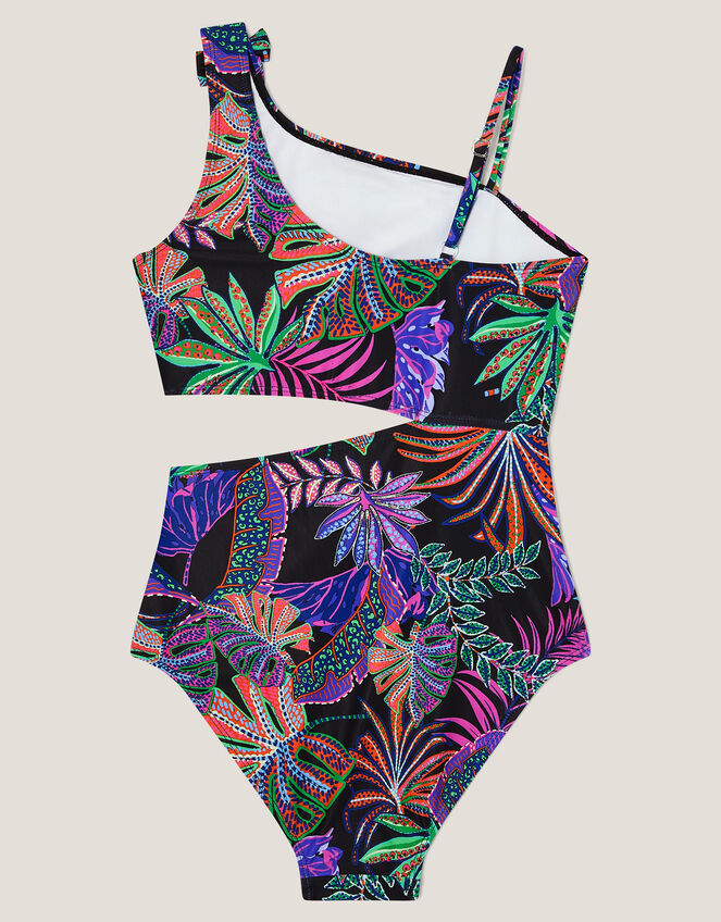 Tropical Print Asymmetrical Cut-Out Swimsuit, Black (BLACK), large
