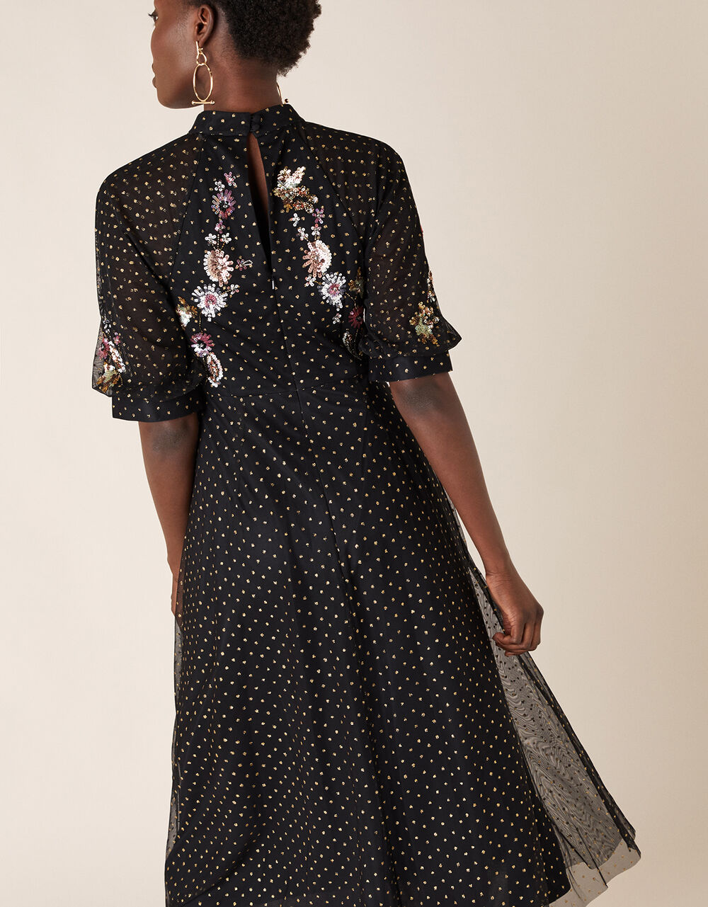 Gwenevere Glitter Floral Sequin Dress in Recycled Fabric Black Evening Dresses Monsoon UK.