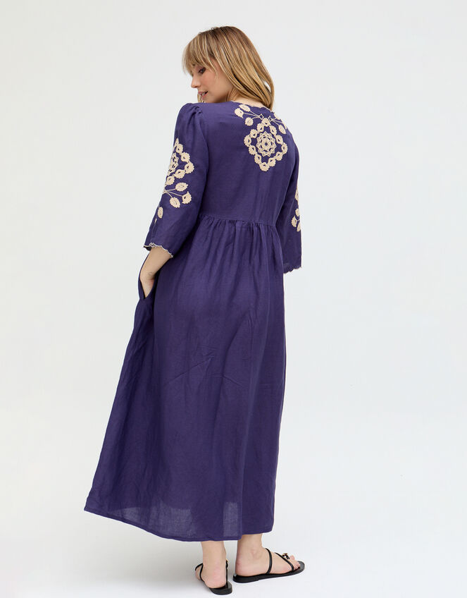 Raffya Ariana Embroidered Linen Maxi Dress, Blue (NAVY), large
