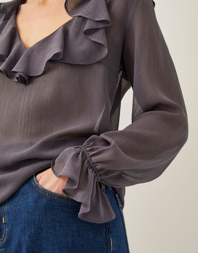 Emmy Sheer Sparkle Frill Blouse, Grey (CHARCOAL), large