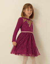 Bow Embellished Long Sleeve Disco Dress, Red (BURGUNDY), large