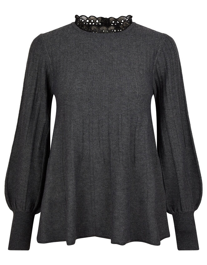 Woven Neckline Knit Jumper with Recycled Polyester, Grey (CHARCOAL), large