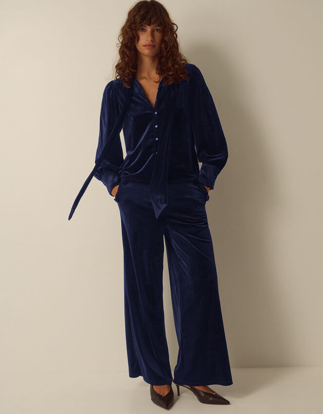 Tessa Neck Tie Velvet Shirt, Blue (MIDNIGHT), large