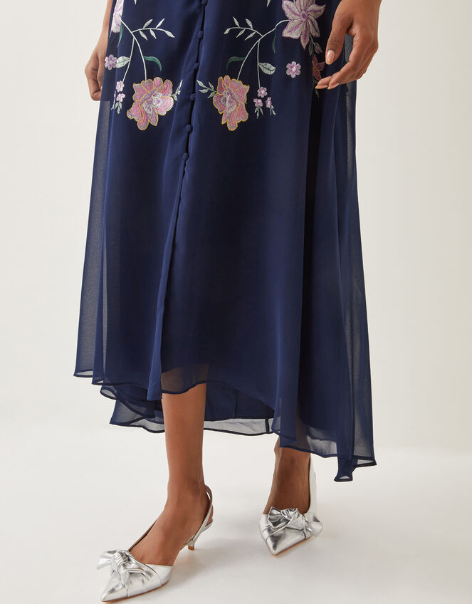 Emani Floral Embroidered Midi Tea Dress, Blue (NAVY), large