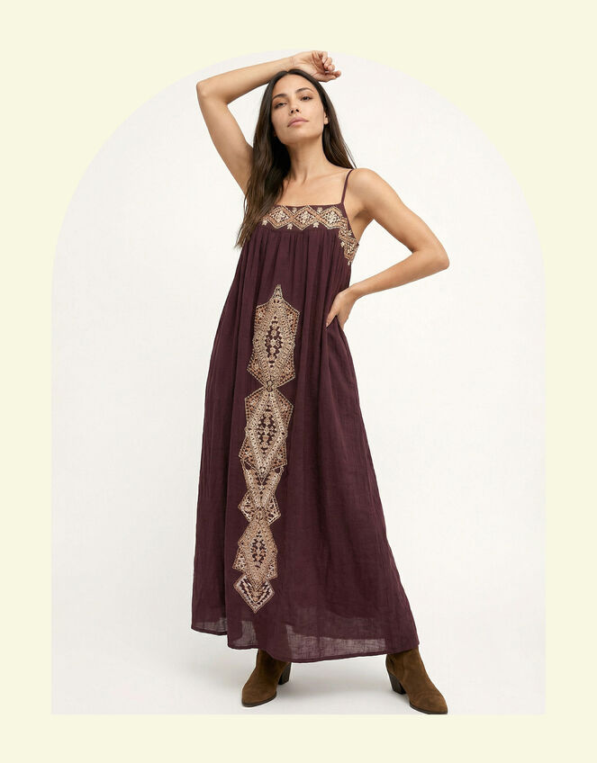 Raffya Sapphire Strappy Embroidered Maxi Dress, Brown (BROWN), large