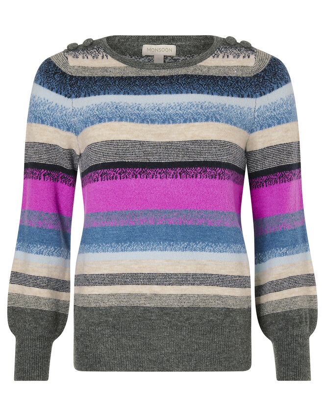 Button Shoulder Stripe Knit Jumper, Blue (BLUE), large