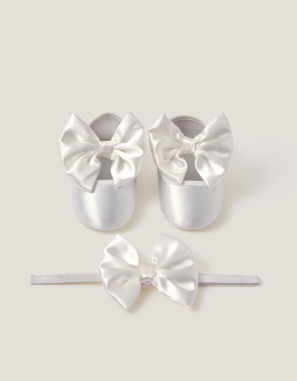 Baby Satin Bow Headband & Booties Set, Ivory (IVORY), large