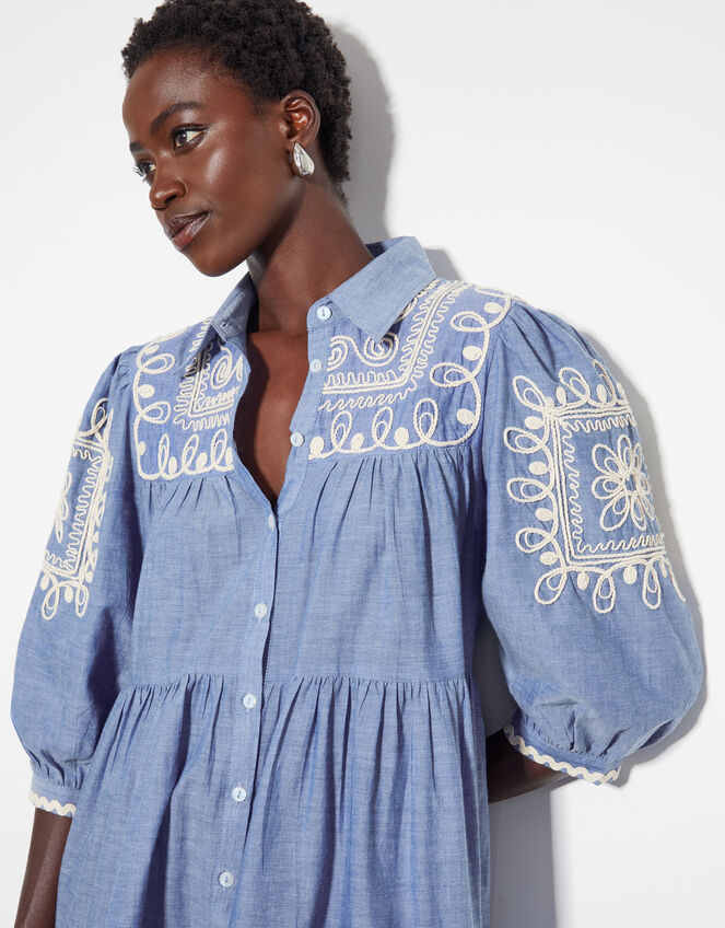 Damia Embroidered Chambray Mini Shirt Dress, Blue (DENIM BLUE), large