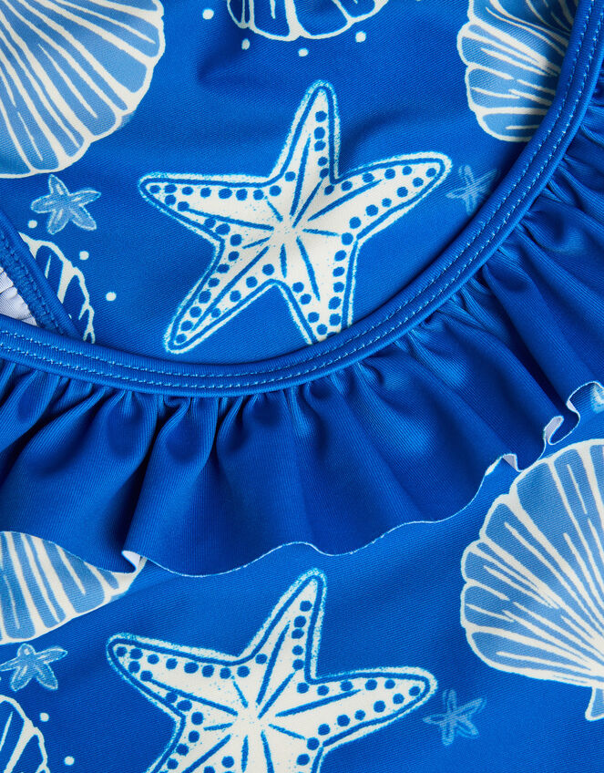 Starfish & Shell Print Frill Swimsuit, Blue (NAVY), large