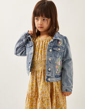 Sequin Floral Embroidered Denim Jacket, Blue (BLUE), large