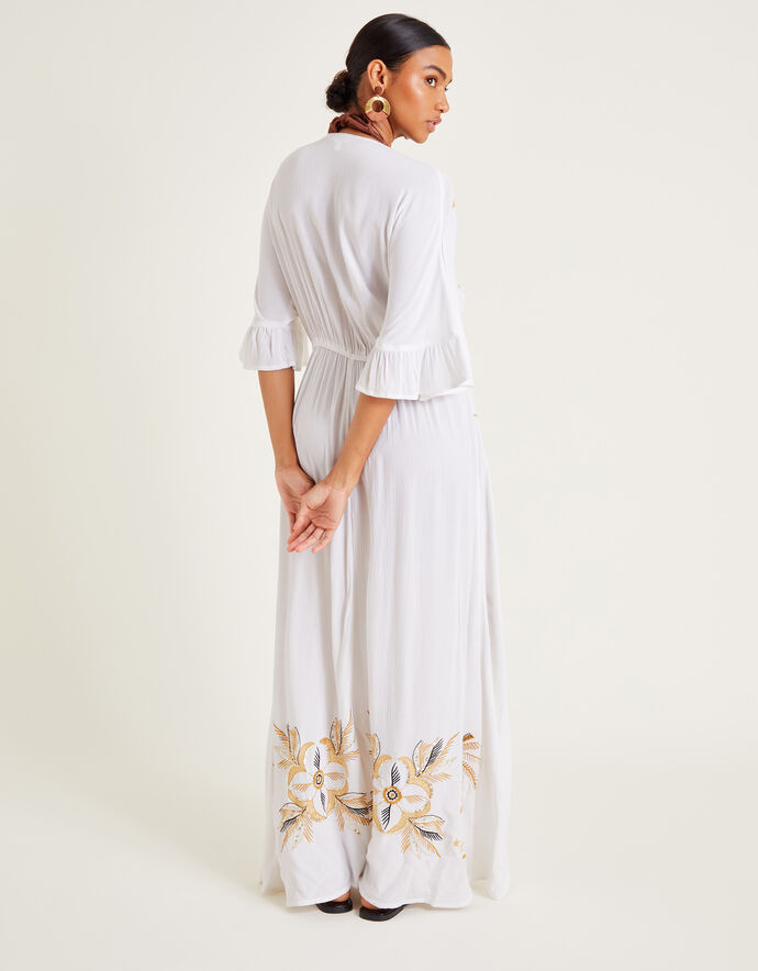 Luxury White Kaftan Dress with Rich Gold Embroidered Neck Design
