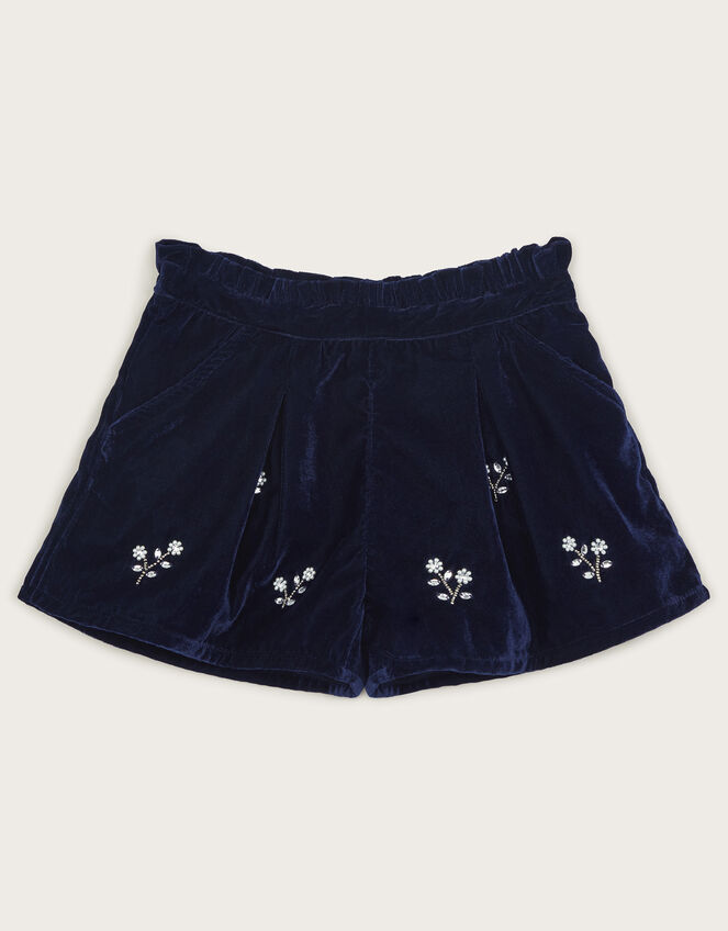 Flower Embellished Velvet Shorts, Blue (NAVY), large