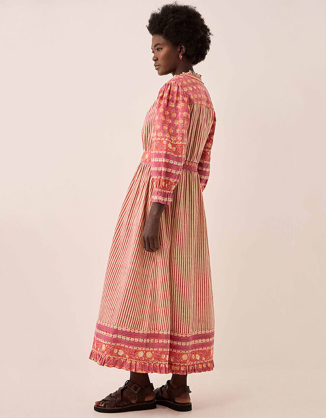 East Devyn Hand-Woodblock Printed Floral Stripe Cotton Midi Dress, Pink (PINK), large