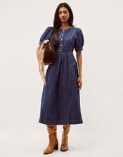 Eliza Puff Sleeve Denim Midi Dress, Blue (MID AUTHENTIC BLUE), large