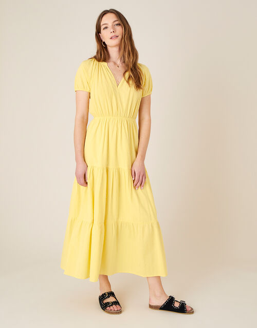 Tiered Midi Dress in Pure Cotton, Yellow (YELLOW), large