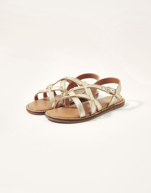 Cross Strap Leather Sandals, Gold (GOLD), large