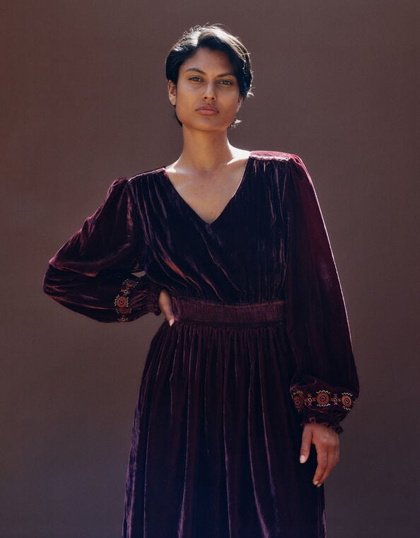 East Everly Floral Embroidered Velvet Maxi Dress, Purple (PLUM), large