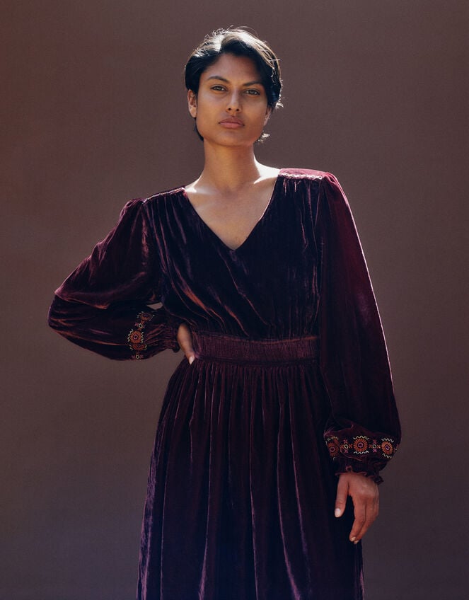 East Everly Floral Embroidered Velvet Maxi Dress, Purple (PLUM), large