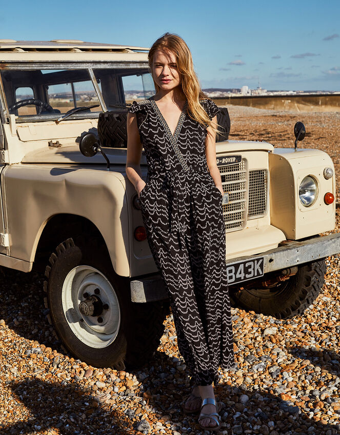 Martha Printed Jersey Jumpsuit, Black (BLACK), large
