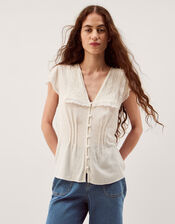 Frannie Square Collar Linen Blend Top, Ivory (IVORY), large