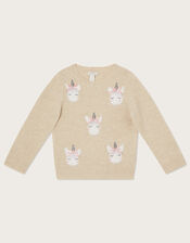Unicorn Heads Crew Neck Jumper, Camel (OATMEAL), large