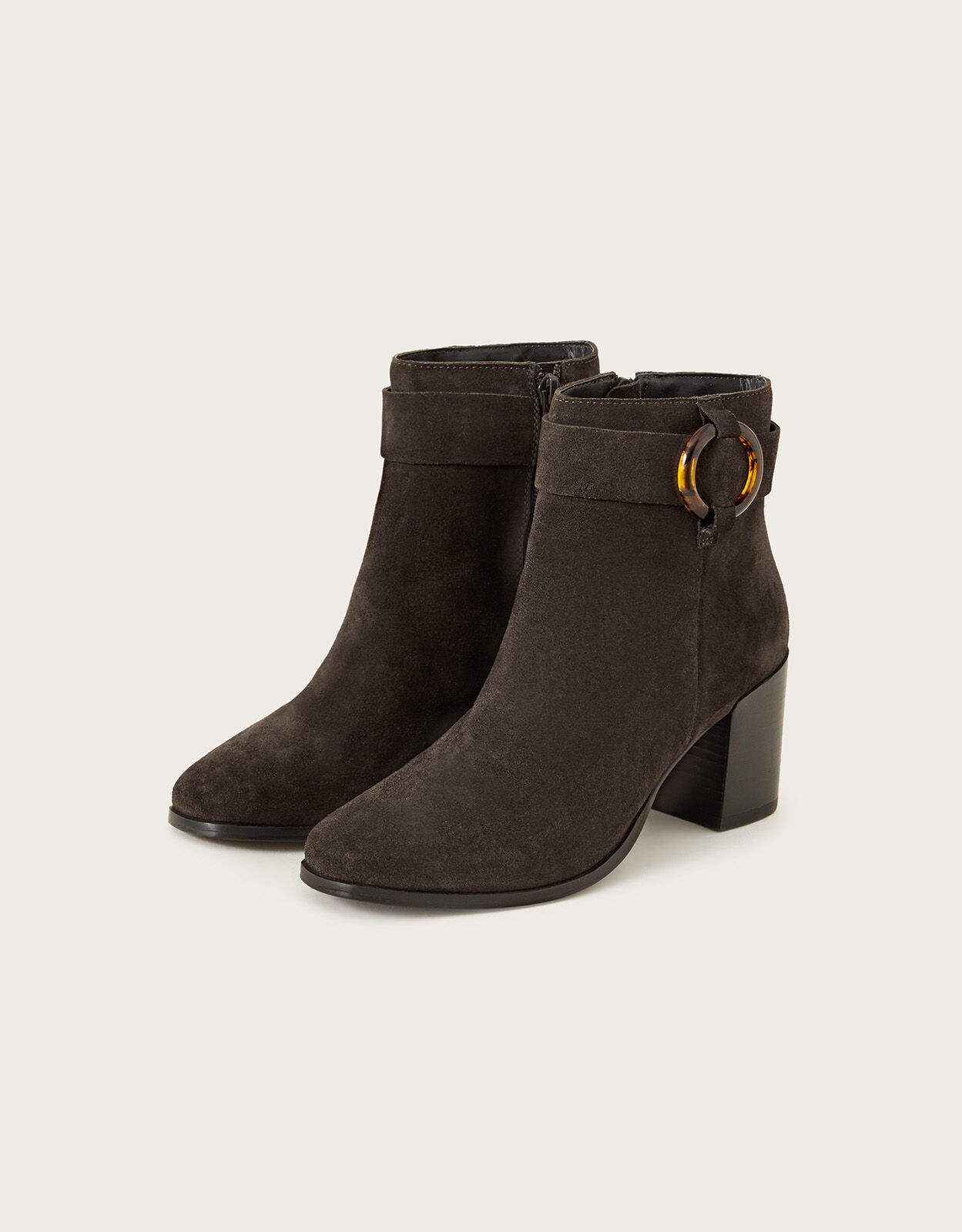 Block Heel Suede Buckle Boots Brown