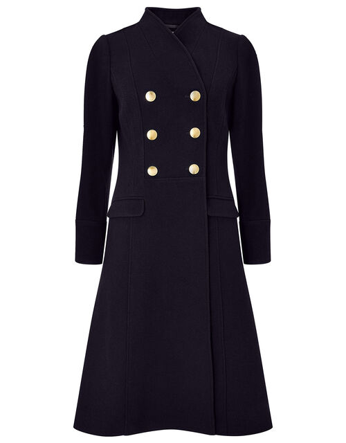 Rosaline Long Military Coat in Wool Blend Blue Women's Coats
