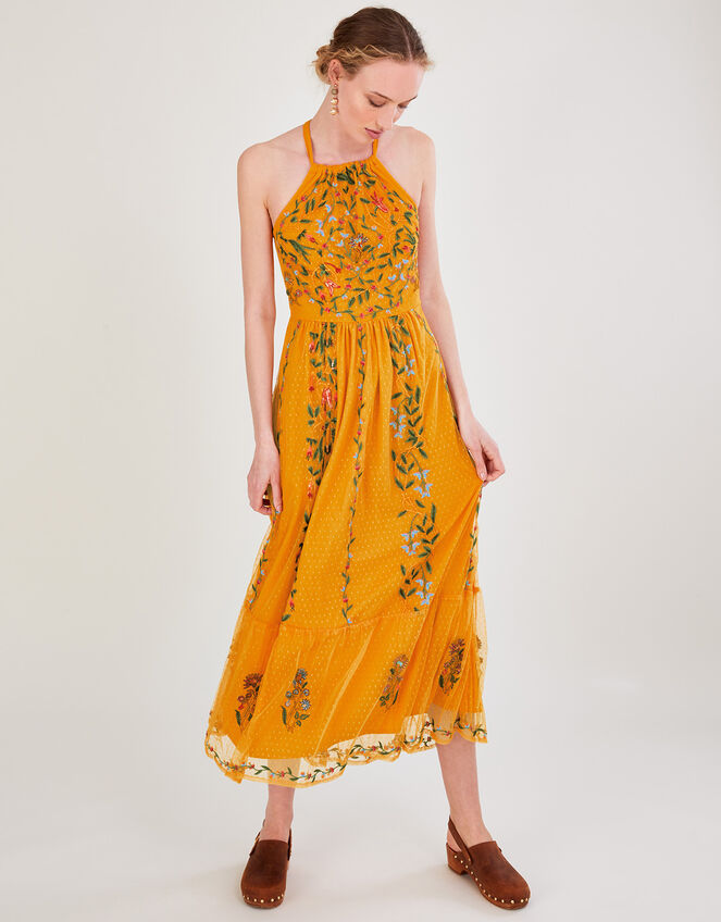 Harlow Halter Embroidered Dress Yellow