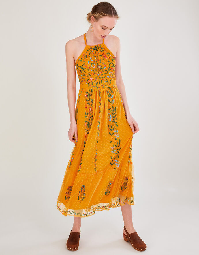 Harlow Halter Embroidered Dress Yellow | Party Dresses | Monsoon UK.