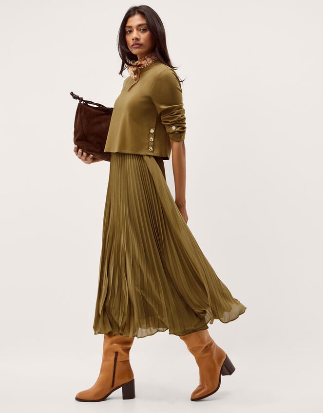 Penny Pleated Midi Dress, Green (OLIVE), large