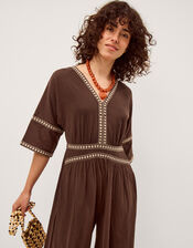Taryn Embroidered Jersey Jumpsuit, Brown (BROWN), large