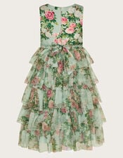 Flora Rose Print Tiered Tulle Dress, Green (GREEN), large