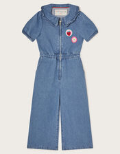 Short Sleeve Denim Jumpsuit, Blue (BLUE), large