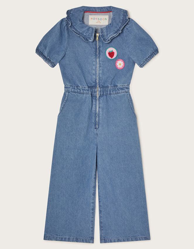 Short Sleeve Denim Jumpsuit, Blue (BLUE), large