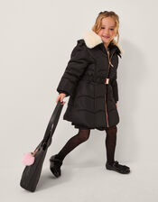 Fluffy Collar Belted Puffer Coat, Black (BLACK), large