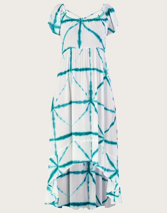 Tie Dye Cross Print High Low Dress, White (WHITE), large