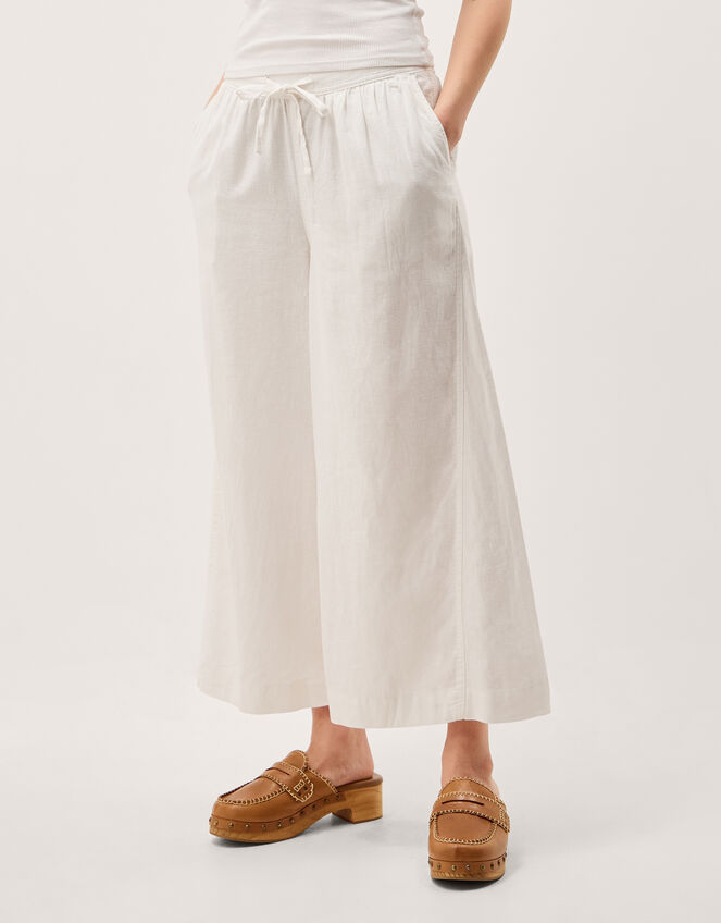 Maisie Linen Blend Cropped Wide Leg Trousers, White (WHITE), large
