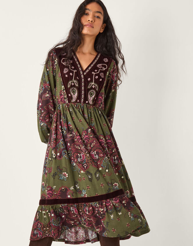 Jemma Paisley Print Jersey Midi Dress, Green (GREEN), large
