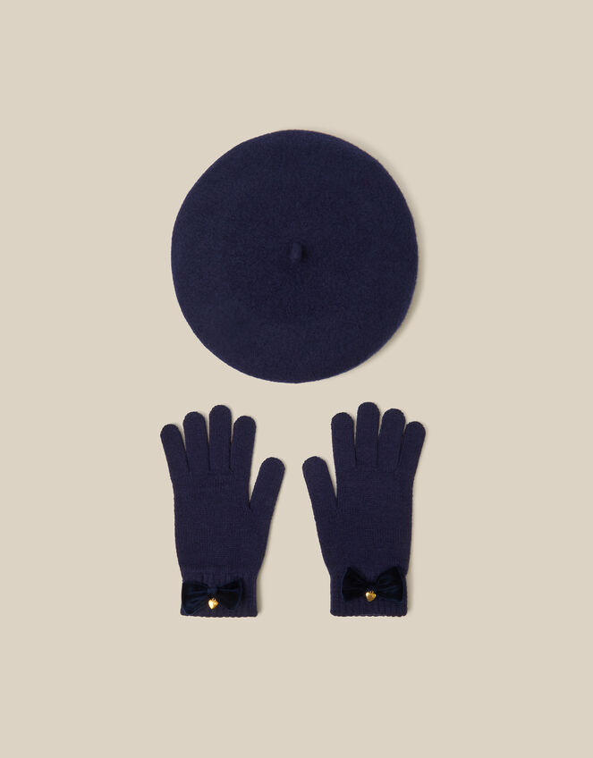 Velvet Bow Wool Beret & Gloves Set, Blue (NAVY), large
