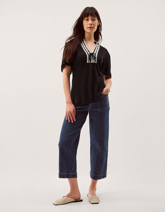 Lucia Lace Linen Blend T-Shirt, Black (BLACK), large