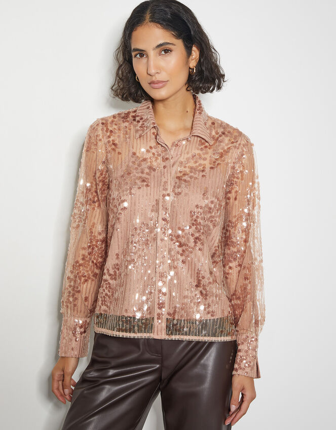 Gwen Sheer Sequin Shirt, Pink (PINK), large