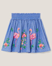 Flamingo Embellished Chambray Skirt, Blue (BLUE), large